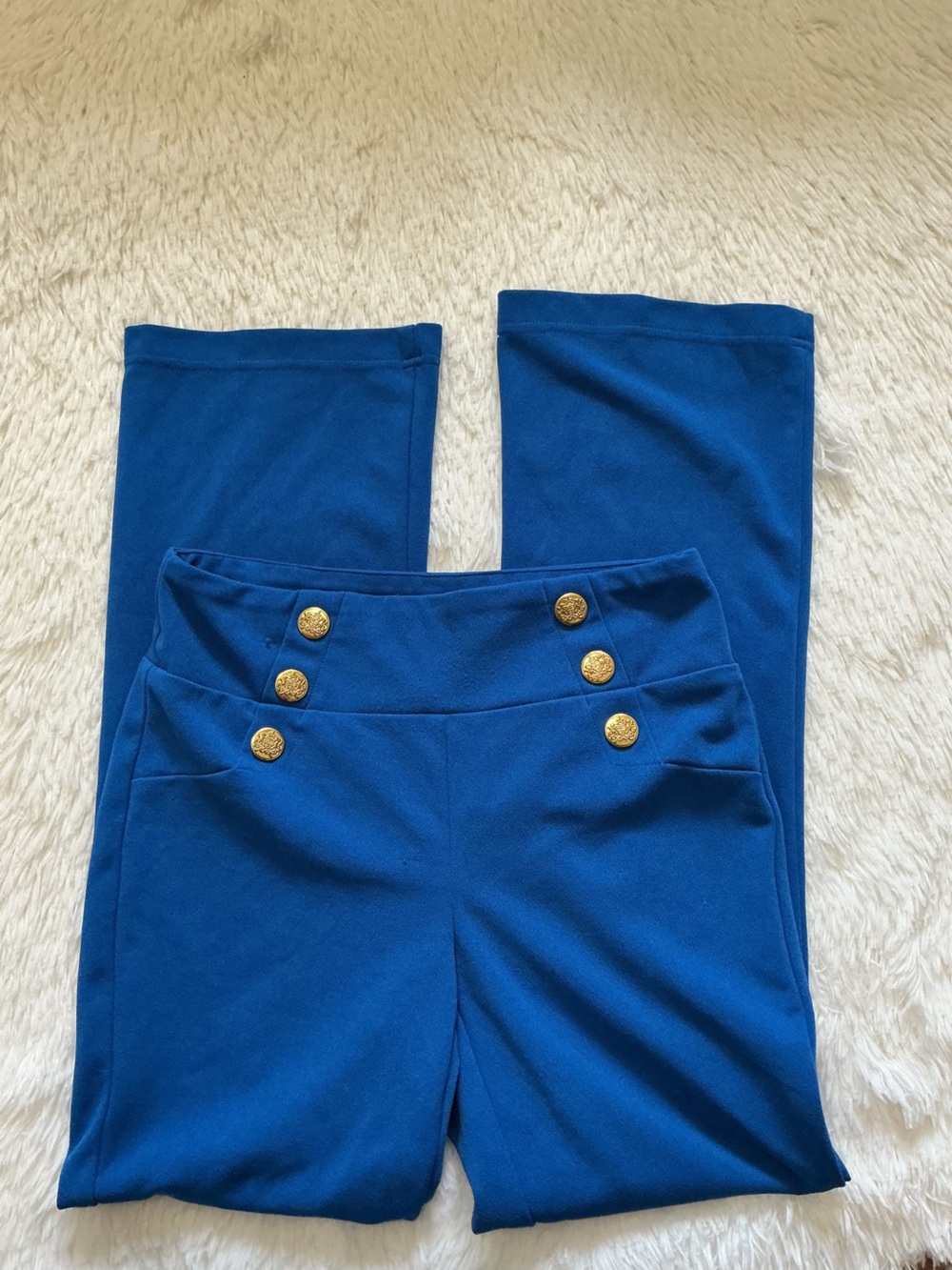 Soho Blue Flare Ponte Sailor Pants with Gold Buttons